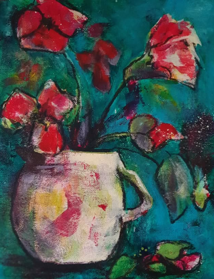 Red blooms in a cream jug — abstract floral painting